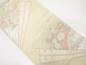 桧扇に草花・鶴模様織り出し　袋帯